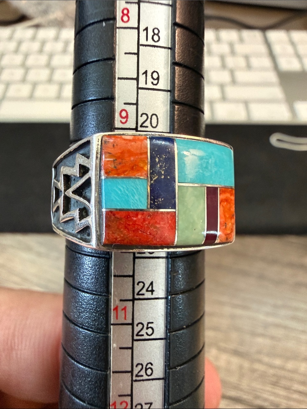 Colorblock Inlay Sterling Silver Statement Ring - Turquoise & Coral - Picture 4 of 10